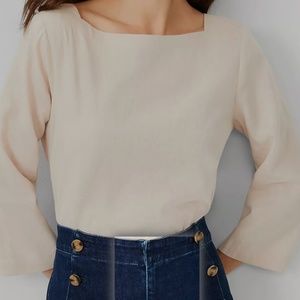 Linen Blend Boatneck Shirttail Top